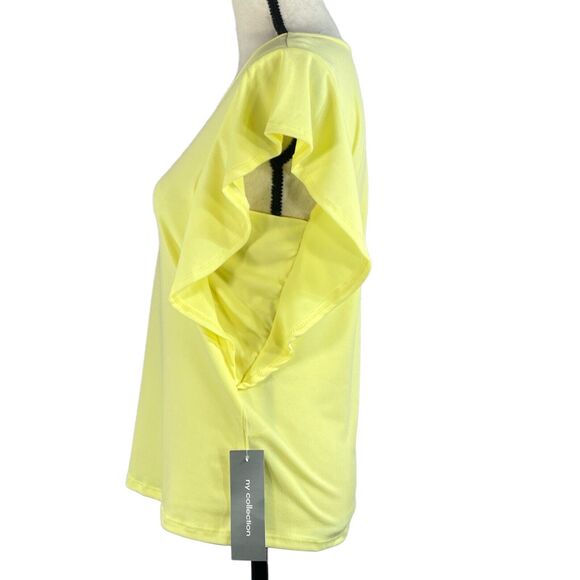 NY Collection Small Top Flutter Sleeve Stretch Scoop Neck Lemon Yellow Ruffled - Picture 4 of 7